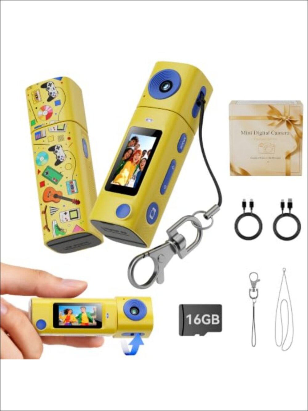 2K Mini Digital Keychain Camera 16GB Card 270° Rotating Lens 1in LCD